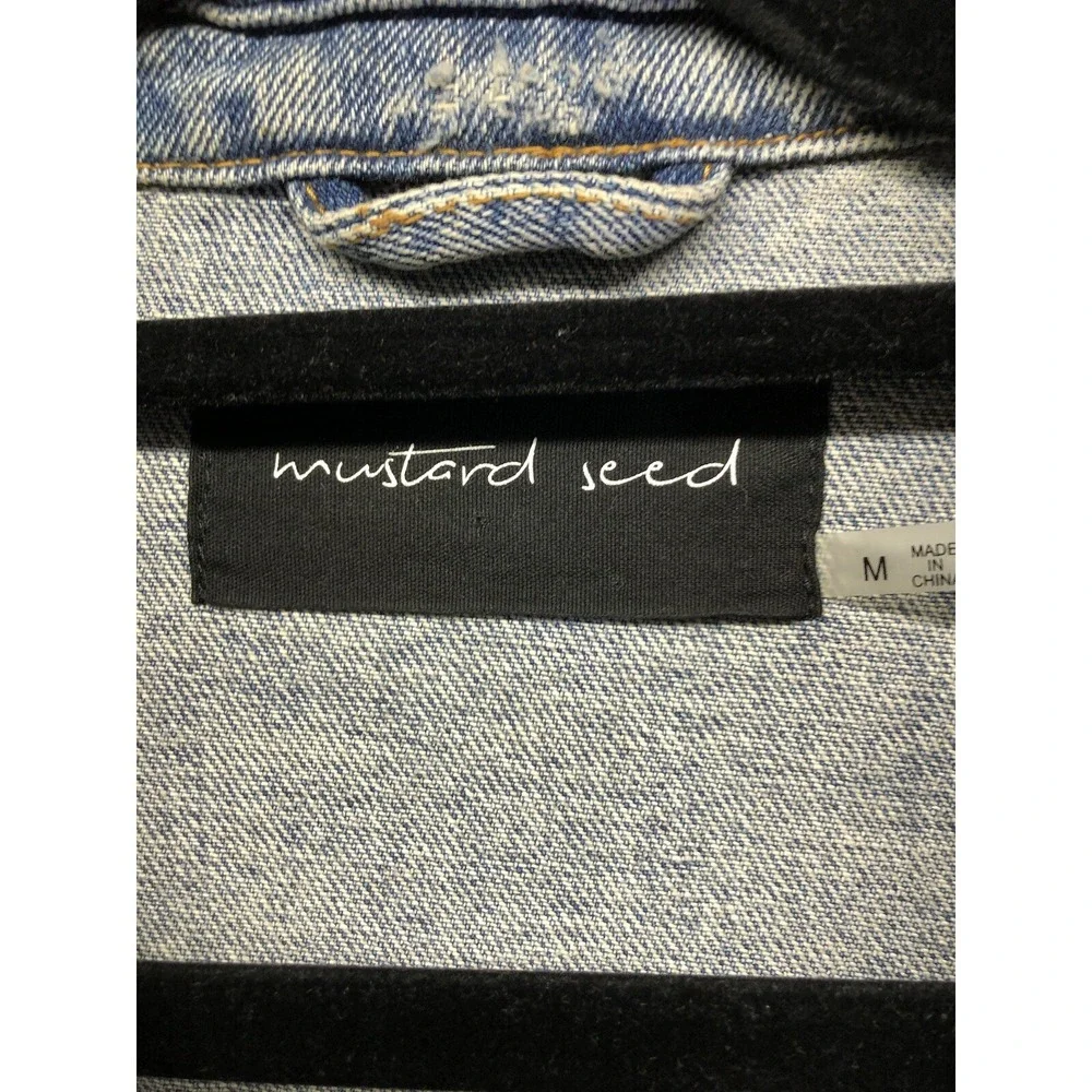 Mustard Seed distress Embroidered Denim Jean Jacket w Facts Saying Sz Medium - Picture 3 of 10